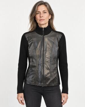 SHINE Italy Women’s M Black Leather Panel Ribbed Knit Zip Cardigan 38" Bust